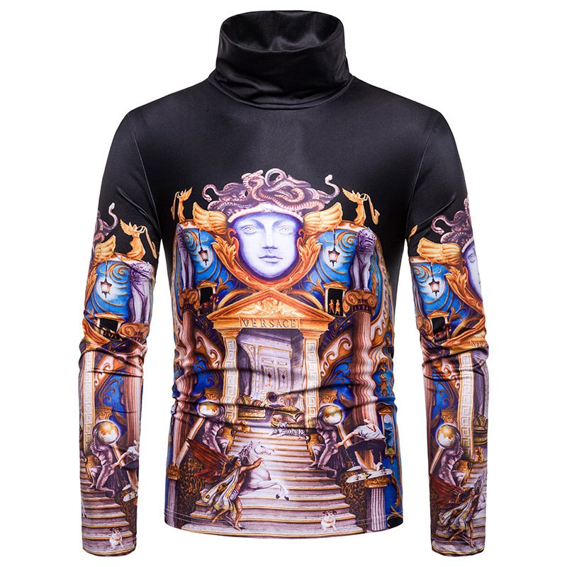 New men's large size 3D retro castle print high neck long sleeve T-shirt bottoming shirt L22