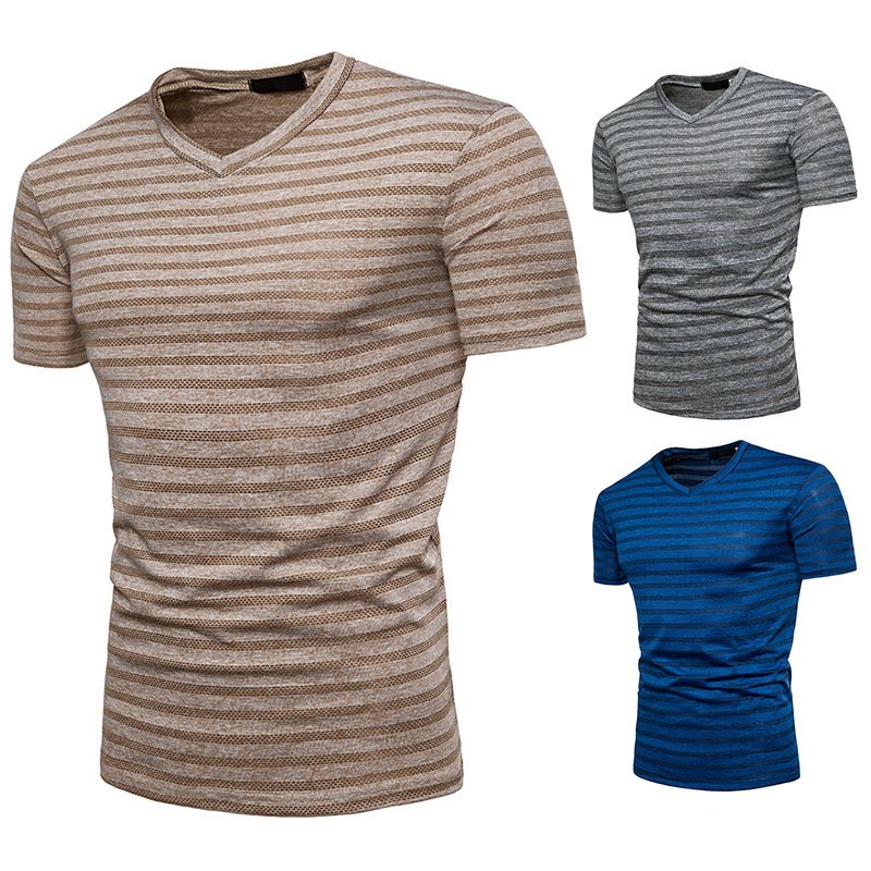 New men's fashion plus size striped short sleeve T-shirt Q04