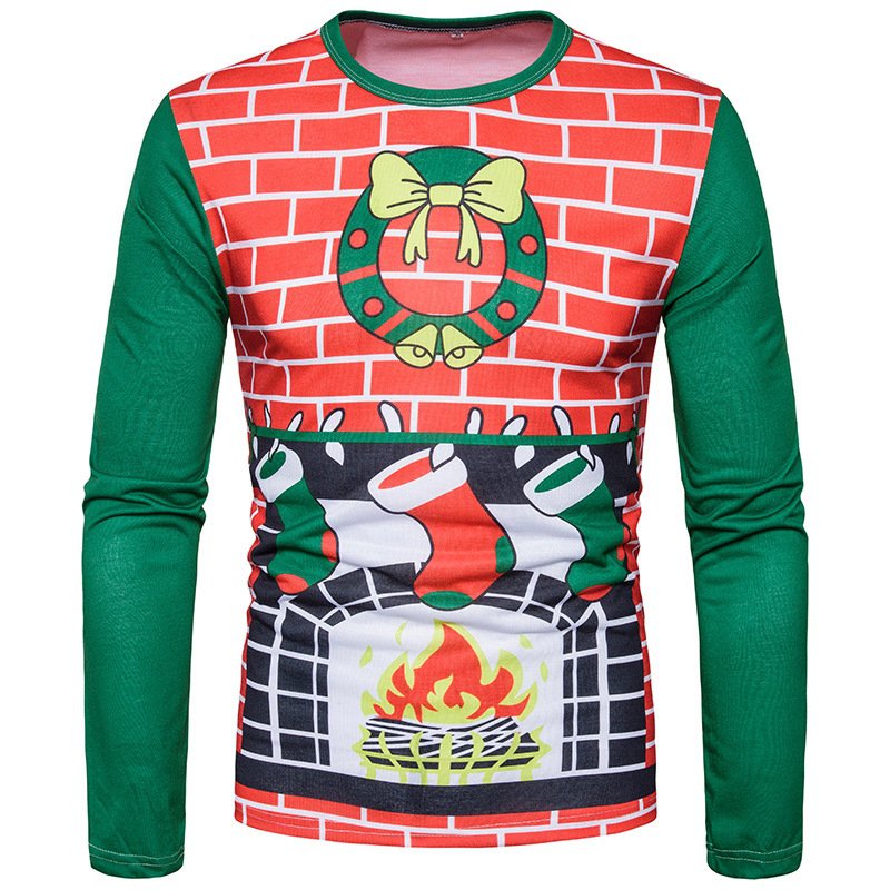Autumn and winter hot sale new fashion 3D fireplace socks Christmas digital printing plus size long sleeve T-shirt CT373
