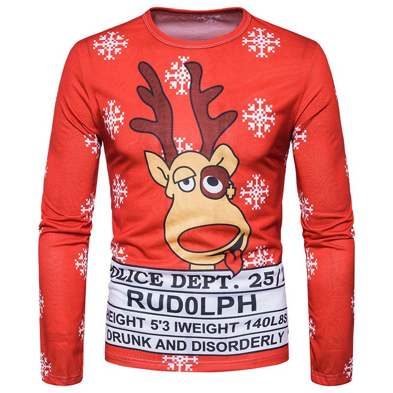 Foreign trade new style men's special letter 3D printing cute elk round neck long sleeve T-shirt CT370