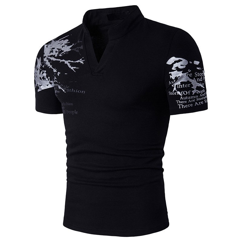 2022 hollow foreign trade new men's wind printing Henry stand-up collar short-sleeved large size T-shirt B69