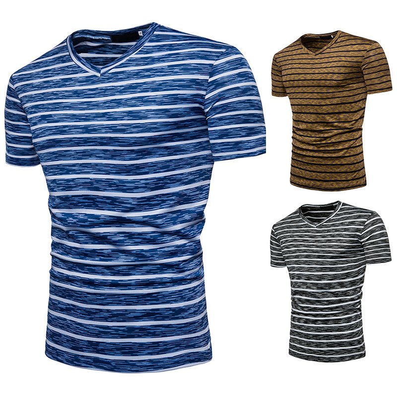 New men's striped stretch frame plus size short-sleeved T-shirt Q02