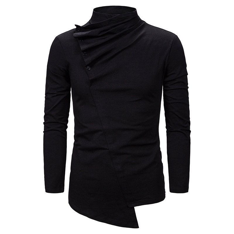 Diablo series men's fashion pile collar oblique button design irregular cut slim long-sleeved T-shirt XH03