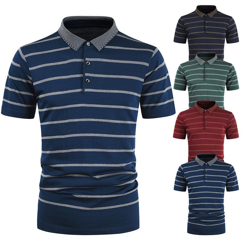 New summer men's striped T-shirt men's lapel European and American men's casual short sleeves